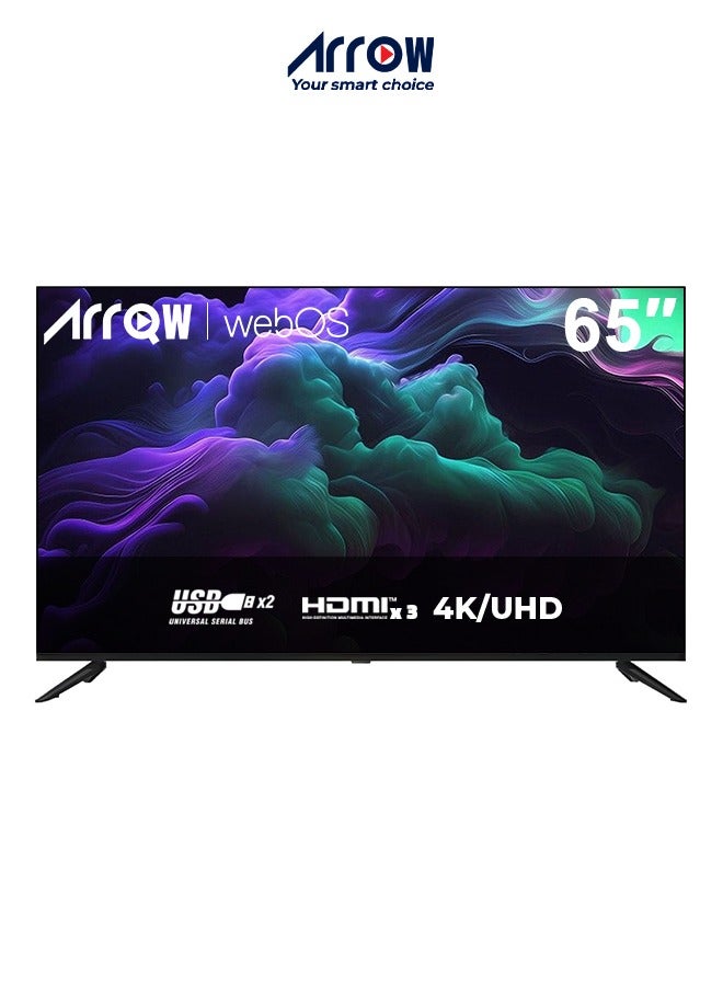 آركيو تلفزيون 65 بوصة 4K ذكي LED مع حامل حائط | 4K الترا اتش دي | منافذ HDMI وUSB | نظام التلفاز ويب او اس 2.0 | صوت ستيريو| دقة 3840×2160|ذاكرة قراءة فقط 8 جيجا | اللون اسود | تلفزيون سمارت | - Image 1
